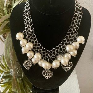 LK VINTAGE CLUSTER HEART & PEARL NECKLACE - 16” LONG